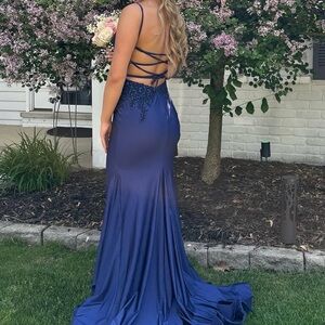 Blue Backless Embellished Prom Gown